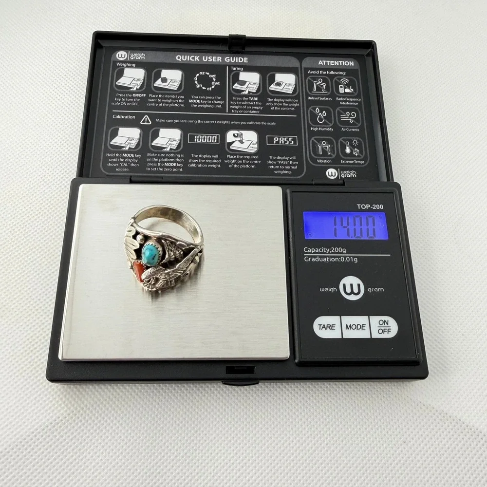 Richard Begay Navajo Eagle Ring Turquoise Coral Sterling Silver Size 13